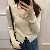 Kukombo Korean Fashion V Neck Knitted Cardigan Women 2025 Spring Solid Color Lapel Sweater Woman Chic Long Sleeve Jumper Tops