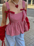 Kukombo Y2k Tank Top Sleeveless Women Red Gingham Bow Tie Down Camisole Ruffle Hem Peplum Tops Summer Streetwear