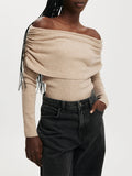 Kukombo Off The Shoulder Knit Tops for Women Y2k Strapless Ribbed Long Sleeve Going Out Top Sexy Ruched Pullover Tops