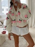 Kukombo Women Knit Cardigan Long Sleeve Flowers Button Closure Fall Casual Jacket Sweater