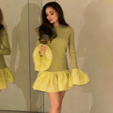 Kukombo Knitted Mini Dress Female Long Sleeves Gown Flare Sleeves Spliced Autumn Winter Dress A-Line Sweet Bodycon Women Clothes