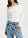 Kukombo Off The Shoulder Knit Tops for Women Y2k Strapless Ribbed Long Sleeve Going Out Top Sexy Ruched Pullover Tops