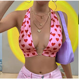 Kukombo Sexy Backless Pink Crop Top Y2k Fashion Women Clothes Summer Heart Print Graphic Vest Beach Holiday Halter Tank Tops Woman 2024