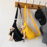 Kukombo Cute Bear Waist Bag Canvas Belt Bags Designer Crossbody Chest Bag Solid Color Female Fanny Pack Banana Hip Purse for Women