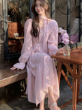 Kukombo French V Neck Lace-Up Long Dress for Women Elegant Lantern Sleeve Princess Party Prom A Line Loose Dresses Casual Vestidos Robe