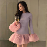 Kukombo Knitted Mini Dress Female Long Sleeves Gown Flare Sleeves Spliced Autumn Winter Dress A-Line Sweet Bodycon Women Clothes