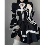 Japanese Gothic Cosplay Dress Female Harajuku Maid Kawaii Lolita Dress Women Costumes Hollow Out Long Sleeve Lace Y2k Clothes