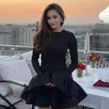 Kukombo Knitted Mini Dress Female Long Sleeves Gown Flare Sleeves Spliced Autumn Winter Dress A-Line Sweet Bodycon Women Clothes