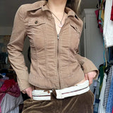 Dourbesty Cargo Style Vintage Jackets Women Long Sleeve Lapel Neck Zipper Short Coat Y2k Aesthetic Harakuju Outwear Streetwear
