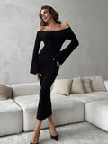 Kukombo Knit Long Sleeve Slim Dress For Women Elegant One-Shoulder Sexy Long Gown Dresses Solid Rib Sweater Dress Autumn Winter