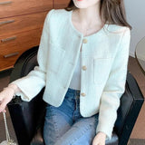 Kukombo Korean Fashion Tweed Cropped Jackets for Women 2025 Spring Round Neck Chic Coat Woman Beige Single-Breasted Jacket Female