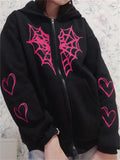 Kukombo Y2k Vintage Gothic Hoodies Spider Web & Heart Printing Zipper Jacket Sweatshirt Women Dark Aesthetic Preppy Hoodies Streetwear