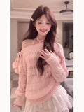 Kukombo Pink Pullover Sweet Japanese Autumn Winter Chic Outfits Korean Fashion Knitted Sweater Women Sexy Elegant Vintage Y2k Clothing