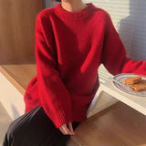 Kukombo Autumn Winter Red Sweater Women Round Neck Loose Knitted Jumpers Woman Christmas Style Long Sleeve Chic Sweaters Female