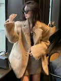 Kukombo Loose Lapel Plush Jacket Female 2024 Autumn Winter New Warm Solid Button Long Sleeve Coat Office Lady Outwear Elegant