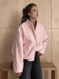 Kukombo Pink Short Fur Jacket Coat For Women Autumn Winter Casual Stand Collar Pocket Loose Fashion Long Sleeve Jacket Top Female