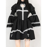 Japanese Gothic Cosplay Dress Female Harajuku Maid Kawaii Lolita Dress Women Costumes Hollow Out Long Sleeve Lace Y2k Clothes