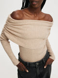 Kukombo Off The Shoulder Knit Tops for Women Y2k Strapless Ribbed Long Sleeve Going Out Top Sexy Ruched Pullover Tops