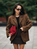 Kukombo Retro Brown Lapel With Pocket Jacket Woman Fashion Buttons Long Sleeve Short Coat 2024 Female Autumn High Street Outwear