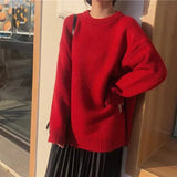 Kukombo Autumn Winter Red Sweater Women Round Neck Loose Knitted Jumpers Woman Christmas Style Long Sleeve Chic Sweaters Female