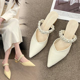 Kukombo Women Fashion Baotou Half Slippers Female 2024 Summer New Outdoor Pearl Pointed Thick Heel High Heel Slippers Chaussure Femme