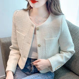 Kukombo Korean Fashion Tweed Cropped Jackets for Women 2025 Spring Round Neck Chic Coat Woman Beige Single-Breasted Jacket Female