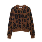 Kukombo Leopard Print Knit Sweater Cardigan For Women O-Neck Jacquard Long Sleeve Knitted Jacket 2025 New Casual Female Outwear