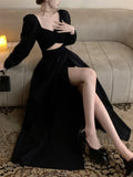 Kukombo French Hollow Out Slit Long Dresses Elegant Long Sleeve Evening Party A-Line Dress Female Solid One Piece Casual Robe Autumn New