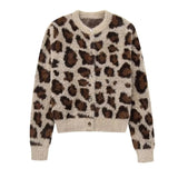 Kukombo Leopard Print Knit Sweater Cardigan For Women O-Neck Jacquard Long Sleeve Knitted Jacket 2025 New Casual Female Outwear