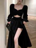 Kukombo French Hollow Out Slit Long Dresses Elegant Long Sleeve Evening Party A-Line Dress Female Solid One Piece Casual Robe Autumn New