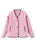 Kukombo Pink Print Flower Patchwork Warm Cotton Jacket Women O Neck Single Button Loose Coat 2024 Winter Fashion Female Street Outerwear