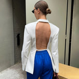 Kukombo Fall Fashion Sexy Backless Blazers Coat For Women Slim Elegant Long Sleeve Blazers Solid Lapel Female Streetwear Suits