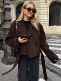 Kukombo Fashion Double Breasted Wool Coat Office Lady Lapel Brown Retro Short Jackets Loose Solid 2024 Fall Winter Female Outwear