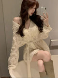 Kukombo French Sweet Knitting Dress Women Casual Sexy Elegant Slim Bodycon Office Lady Mini Dress One Piece Dress Korean Autumn