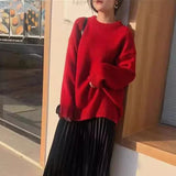 Kukombo Autumn Winter Red Sweater Women Round Neck Loose Knitted Jumpers Woman Christmas Style Long Sleeve Chic Sweaters Female