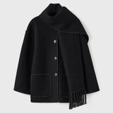 Kukombo Tassel Splice Coats For Women Fashion Long Sleeve Pocket Coat With Scarf Autumn Winter Street Elegant Warm Lady Jacket