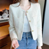 Kukombo Korean Fashion Tweed Cropped Jackets for Women 2025 Spring Round Neck Chic Coat Woman Beige Single-Breasted Jacket Female