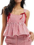 Kukombo Y2k Tank Top Sleeveless Women Red Gingham Bow Tie Down Camisole Ruffle Hem Peplum Tops Summer Streetwear