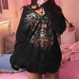 Kukombo Fairy Grunge Skull Print Long Sleeve Hooded Tops y2k Aesthetic Hoodie Oversize Clothes Streetwear Gothic Sweatshirt Women