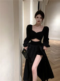 Kukombo French Hollow Out Slit Long Dresses Elegant Long Sleeve Evening Party A-Line Dress Female Solid One Piece Casual Robe Autumn New