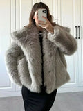 Kukombo Fashion Cropped Faux Fur Jacket Coat Women's Long Sleeve High Street Female Outerwear Chic Lapel Collar Thick Coat Winter