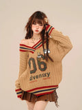 Kukombo 2000s American Vintage Knitted Sweater Women Casual Striped Long Sleeve Loose Korean Fashion Pullover Y2k Party Retro Clothing