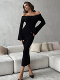 Kukombo Knit Long Sleeve Slim Dress For Women Elegant One-Shoulder Sexy Long Gown Dresses Solid Rib Sweater Dress Autumn Winter