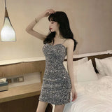 Kukombo Sequins Mini Dress Women Spaghetti Strap Slim Sexy Club Party Elegant Dresses