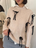 Kukombo Women's Knit Casual Sweaters Bow Decorative Top Pullovers Knitwear Long Sleeved Outwear Warm Loose Jumper Streetwear