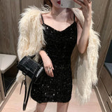 Kukombo Sequins Mini Dress Women Spaghetti Strap Slim Sexy Club Party Elegant Dresses