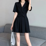 Kukombo Women Pleated Short Skirt Suits Elegant High-end Suit Collar Dress Summer Sweet Cool High Street Slim A-line Two Pieces Set