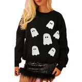 Kukombo Women Halloween Sweatshirt Sequin Ghost Oversized Long Sleeve Sweater Pumpkin Pullover Tops Shirt Y2K Streetwear