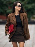 Kukombo Retro Brown Lapel With Pocket Jacket Woman Fashion Buttons Long Sleeve Short Coat 2024 Female Autumn High Street Outwear