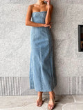 Kukombo Side Slit Denim Bodycon Dress For Women Slim Sleeveless Maxi Dresses Women's Street Sexy Streetwear Woman Autumn  New